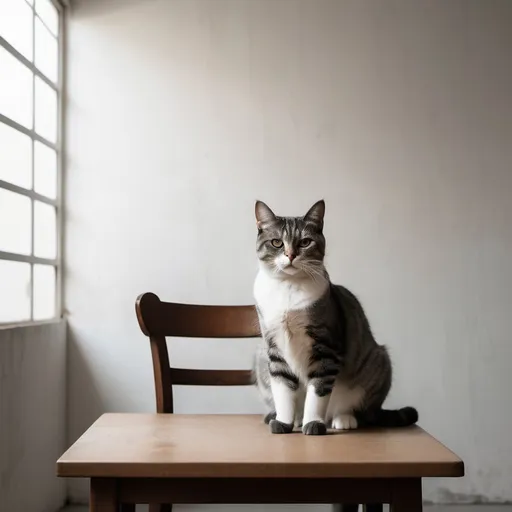 Prompt: a cat sitting on a table with a chair in the background and a wall in the background behind it, Carlos Catasse, minimalism, m, a still life