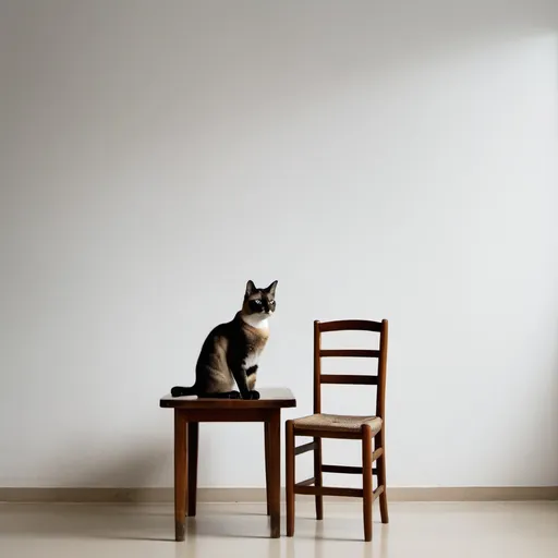 Prompt: a cat sitting on a table with a chair in the background and a wall in the background behind it, Carlos Catasse, minimalism, m, a still life