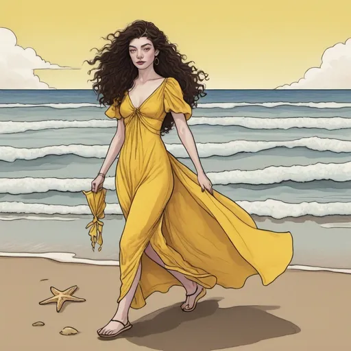 Prompt: tarot card illustration, lorde strolling on a beach alone, wearing a goddess style yellow dress