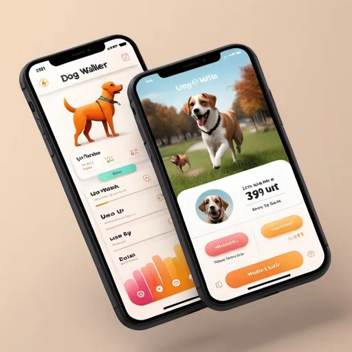 Prompt: (3D mobile design for a dog walker app), modern UI, sleek and vibrant color palette, ultra-detailed visualization, showcasing an iPhone 15, dynamic interface elements, interactive features, user-friendly layout, appealing for pet owners, high-quality textures, engaging imagery, modern aesthetic, stunning digital rendering, emphasizing innovation and usability.