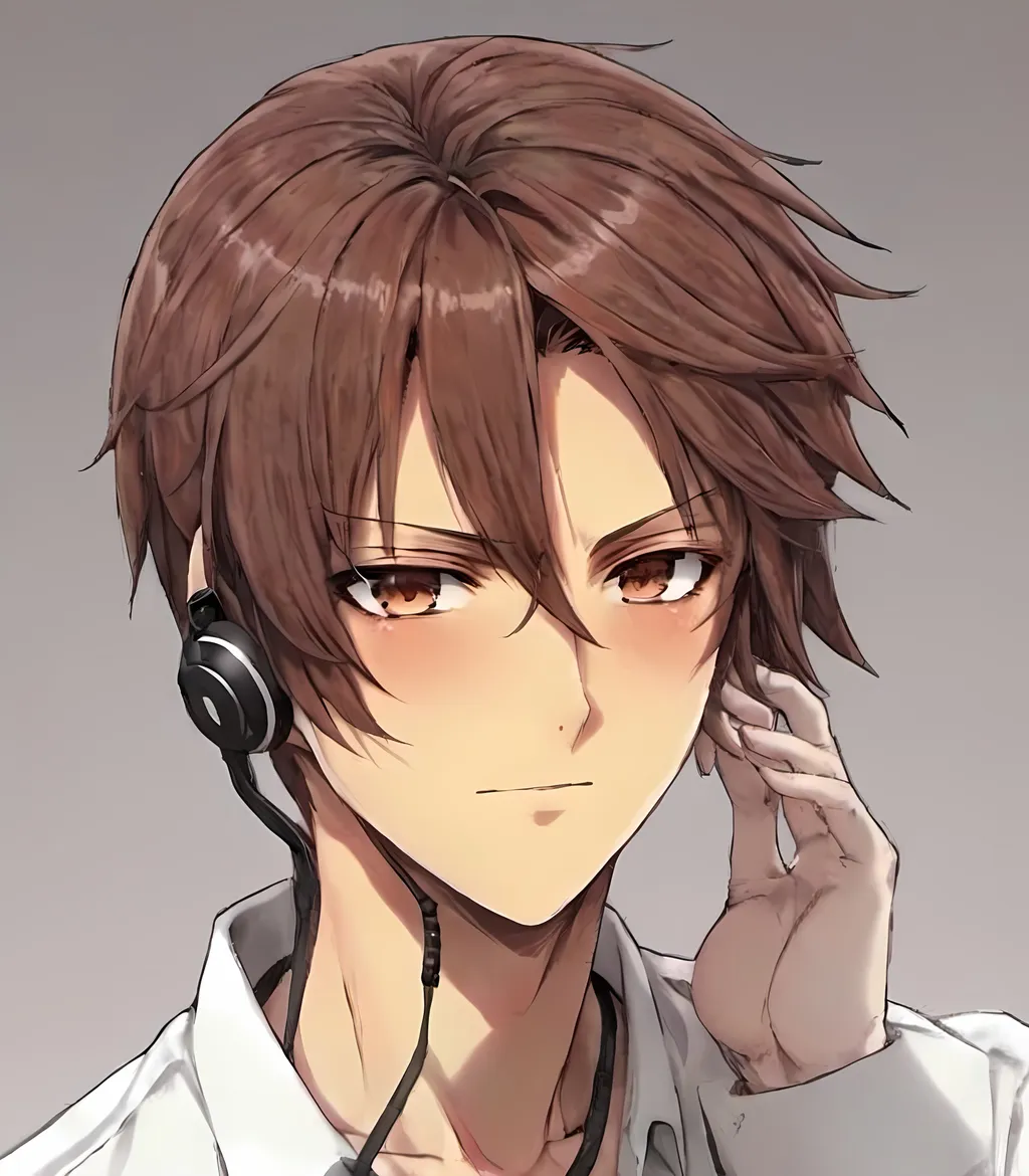 Prompt: Male anime character, with bluetooth head phones, wheat skin, black eyes, brunette medium hair