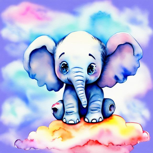 Prompt: Baby elephant sitting on the cloud watercolor clipart whit transperent background