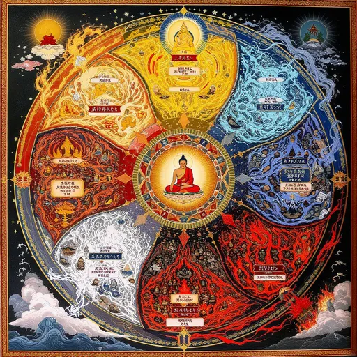 Prompt: "A detailed Tibetan-style Wheel of Life (Bhavachakra) painting showing the Six Realms of Buddhism: 1. Deva Realm (gods in heaven), 2. Asura Realm (demons fighting), 3. Human Realm (people meditating), 4. Animal Realm (animals suffering), 5. Preta Realm (hungry ghosts), 6. Hell Realm (fire and torture). Central hub shows Buddha holding the Dharma wheel. Colorful and symbolic."