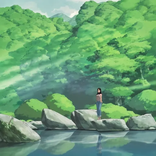 Prompt: Standing on a large rock in a clear river, a young woman exudes a cheerful demeanor with a warm smile, dressed in a black, slightly loose-fitting blouse and rolled-up denim jeans. The environment is a scenic blend of lush greenery and rocky surfaces, framed by towering trees and distant, rolling hills under a partly cloudy sky. The water reflects the sunlight, creating a shimmering effect that enhances the tranquil atmosphere. The composition captures her confidently posed, with her bare feet firmly planted on the stone, suggesting a sense of adventure and connection with nature, while the overall soft lighting adds to the serene mood of the scene.