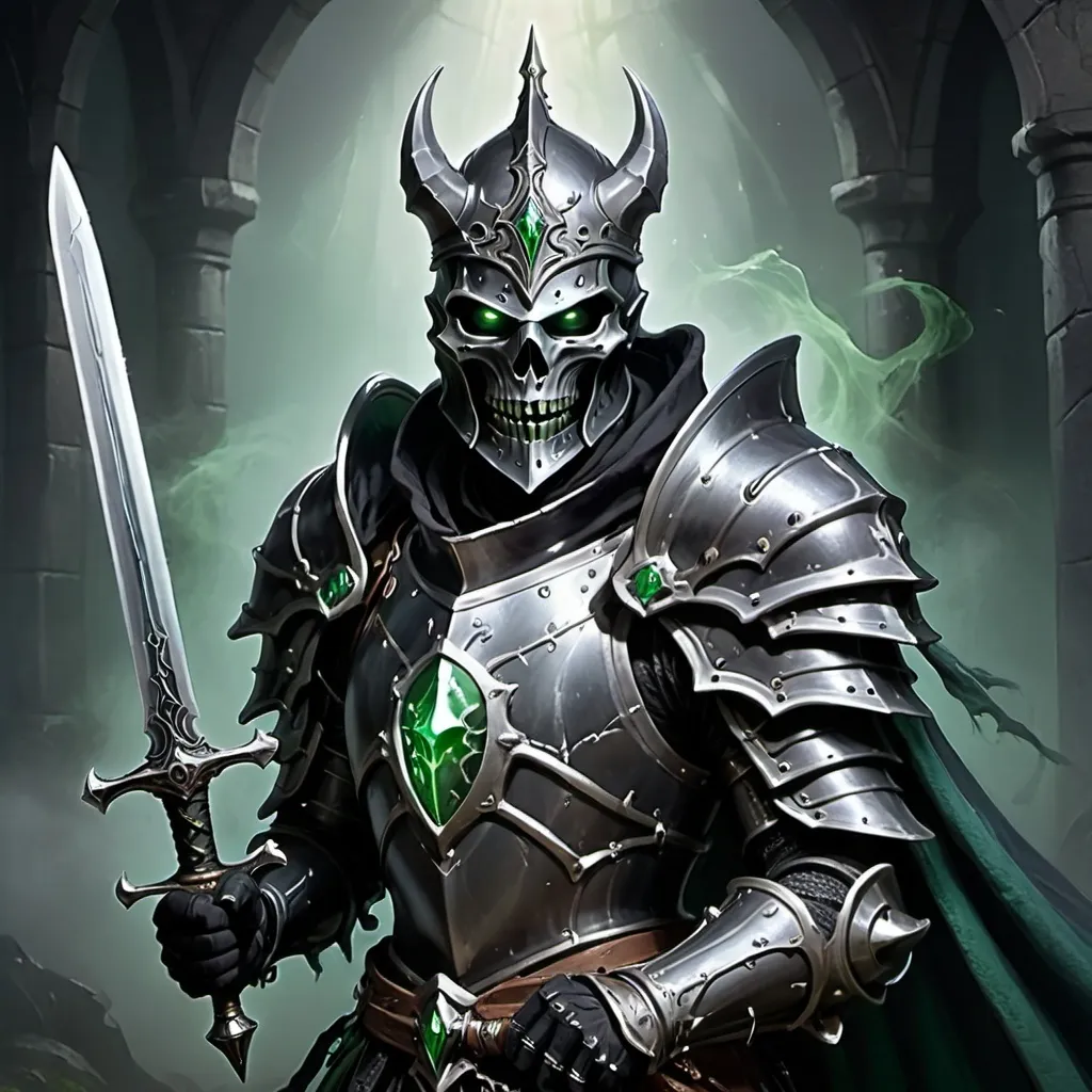 Prompt: Create a headshot image of a dark fantasy lich knight using green magic and holding a sword