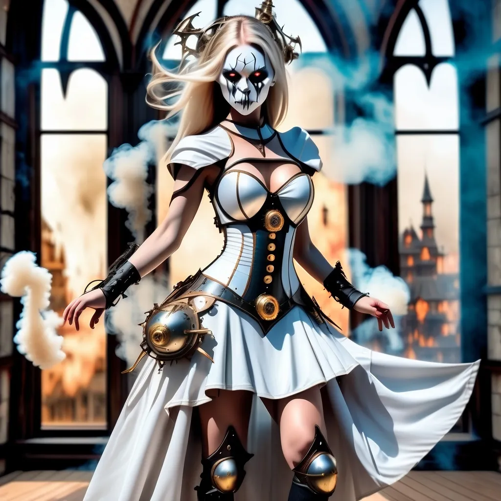 Prompt: Body surrounded by swirling multicolored large Wisps of smoke billowing from the ground, standing in dynamic poses,

Wearing Steampunk Golden Plate Form Fitting, stylistic and heavily detailed Armor. as she is in a dynamic pose preparing for battle on a surreal Medieval battle field