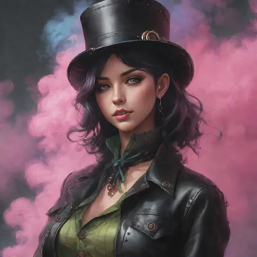 Prompt: (ultra realistic digital art), 20-year-old feminine male, (alluring soft facial features), wearing a  short black leather skirt and (short green midriff blouse), (steampunk style hat and black leather collar), shoulder-length hair in an attractive random color, surround by a Pink colored smoke rising from the ground, (vibrant colors, detailed textures), (emotionally engaging essence), captivating gaze - ultra-detailed, HD quality, with a whimsical background that enhances the enchanting atmosphere.