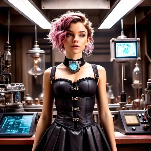 Prompt: (futuristic sci-fi style), (photorealistic) scientists lab background, high-tech instruments and glowing screens, a 25-year-old full body ultra petite person, (random length hair), (soft full feminine facial features), exquisitely small waist, (black steel collar), wearing a steampunk style (ultra feminine, frilly petticoat dress), warm color tones creating a cozy atmosphere, (ultra-detailed, HD) quality.