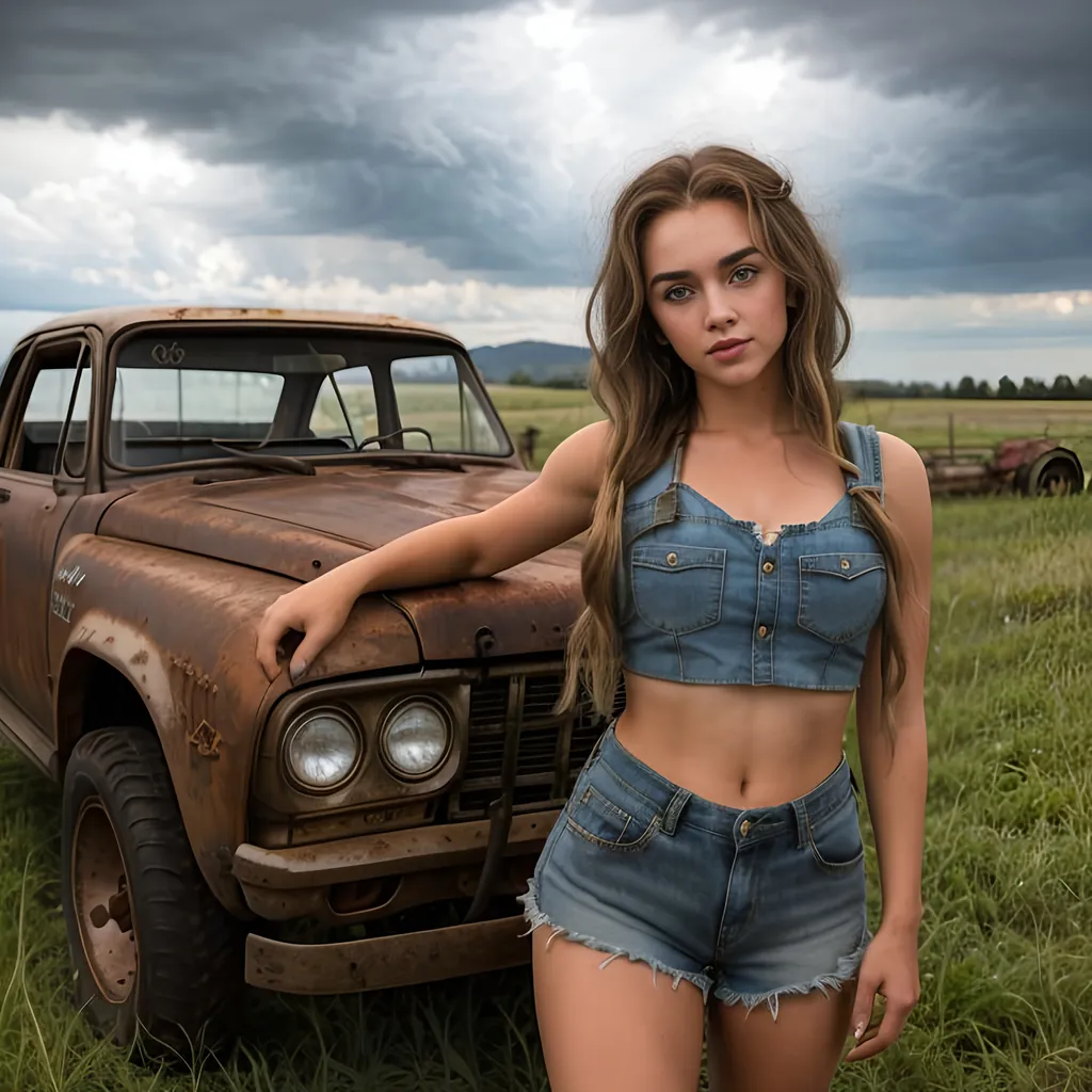 Prompt: Create the Image of a gorgeous young adult hillbilly farm girl with random natural hair and colors, perfectly detailed cute face, full luscious lips, captivating wide eyes with an alluring gaze, perfect body composition,

standing in the middle of a meadow, tight "Daisy Duke" short shorts, crop top, storm clouds on the horizon, sitting on the hood of an old rusted pick up truck in background,

hyper realistic, super detailed, 8k, high quality, trending art, trending on artstation, sharp focus, studio photo, perfect lighting and shadows.