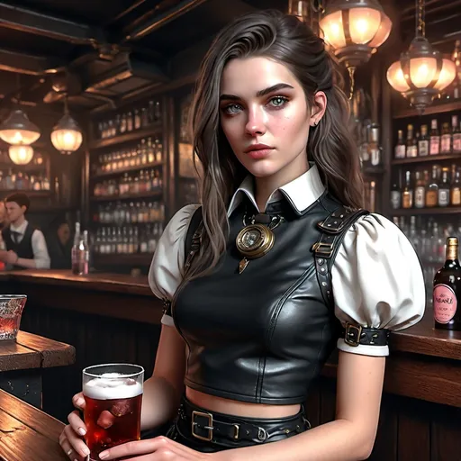 Prompt: (ultra realistic digital art), futuristic style, 30-year-old feminine male, ((alluring soft feminine facial features)), (short black leather skirt), (short white loose midriff crop top), (black leather collar), long flowing hair, set in a dirty elaborate steampunk bar, drinking a pink extremely bubbly smoky beverage, rich textures, intricate background details, HD, cinematic quality. The rendering should achieve a level of realism that brings her to life, ensuring that her expressions and features resonate with vivid detail and authenticity.