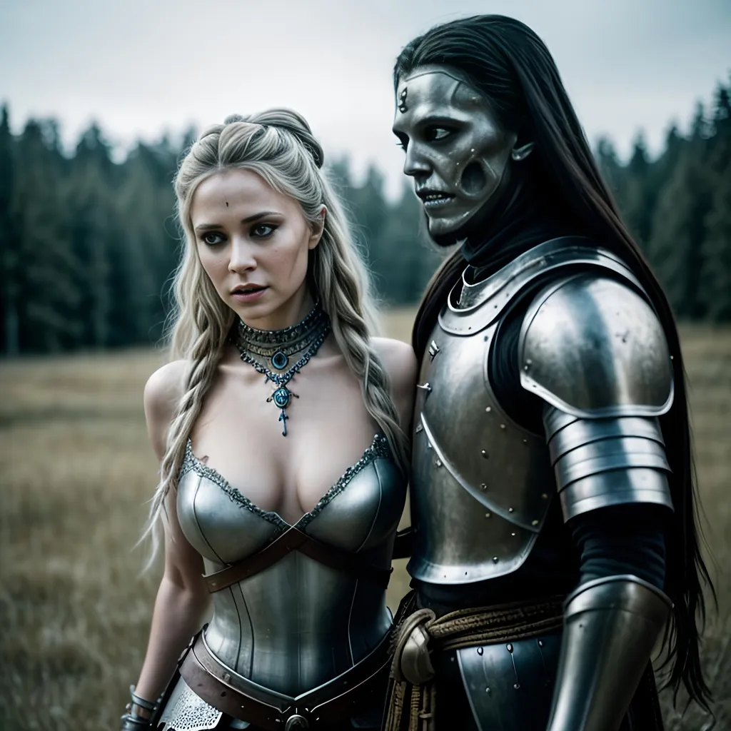 Prompt: Create a highly detailed AI defined movie actress replacement 3D Rendered highly detailed realistic ((Undead)) medieval fantasy character, fighting with a living warrior princess, masterpiece:1.4, best quality:1.0, photo realistic