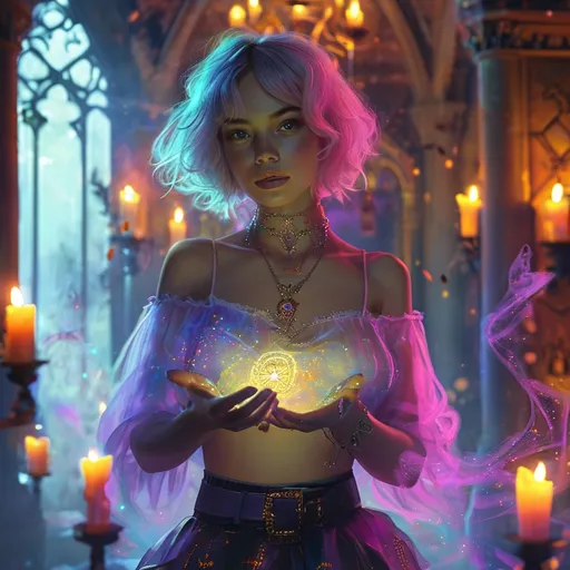 Prompt: Modern 25-year-old ultra petite woman, attractive), (short cut length hair), (soft eatures, feminine makeup), (soft boyish facial features), (slightly pink glowing skin). wearing a loose top and short skirt.

Conjuring magic and casting a spell on a man in a gothic temple lair, a multi colored mist filling the room, room filled with burning candles, holding a magical orb in outstretched hands.