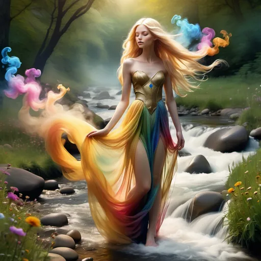 Prompt: inimage, create a photo-realistic image of a gorgeous slender faerie princess, with Knee length flowing noble gown, extra long flowing golden colored hair, made of multi-colored smoke. Standing in a meadow filled with flowers, next to a bubbling stream rushing over multi-colored river stones. Body surrounded by swirling multicolored Wisps of smoke billowing from a jewel on the noble belt wrapped tightly around her waist. Dense multi-colored smoke and fog filling the air. illuminated by soft, warm lighting that enhances textures in her clothing and height differences. Capture the realistic, enchanted atmosphere of a natural setting without shifting any character traits, focusing on lifelike textures, vivid colors, and sharp contrasts, UHD, 8k, zoom out, smooth, sharp focus, unreal engine 5, in studio lighting. In the style of a Romantic Fantasy Realm.