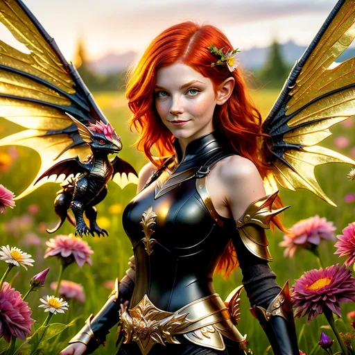 Prompt: Wide-angle, photorealistic image of a striking young redheaded faerie assassin with shimmering wings and sleek, dark armor, standing confidently in a lush meadow filled with vibrant flowers.

(She holds a small adult male gnome up by the scruff of its neck, presenting it to a baby battle dragon at her side with a mischievous smile.)

The golden hour glow bathes the scene in warm, dynamic light, highlighting the fine details of her shimmering skin, her armor, and the dragon’s scales. Rendered with incredible detail, hyper-realistic textures, and vivid colors. The triadic color palette adds to the visual impact, creating a cinematic masterpiece effect in 8K resolution.