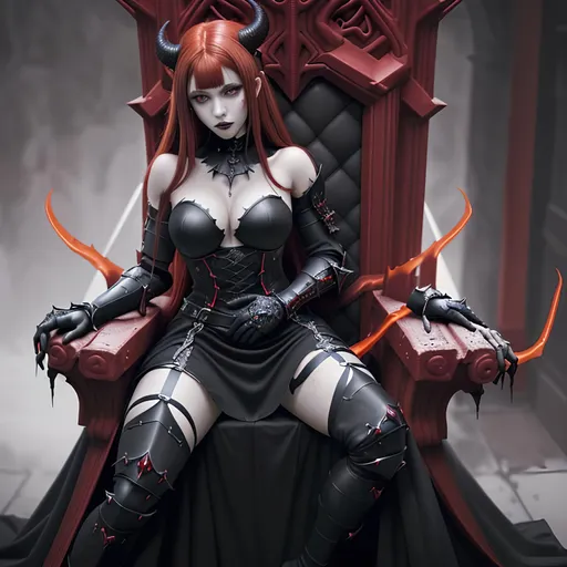 Prompt: girl , hell, demon, 20 years old, 
light armor with big cleavage ,long red hair with black highlights, black conjunctiva with red iris, goth clothe , elbow on knees hands together, seatting on a the hell throne, parted bangs, ethereal, royal vibe, highly detailed, digital painting, Trending on artstation, Big Eyes, artgerm, cinematic 3d volumetric, distorted time lapse, wide landscape mode, ISO 1500, Aperture f/2.5, APS-C, RAW, Splash art, dark fantasy art, stunning bokeh, super detailed, 64k, high quality perfect lighting, perfect shadows.