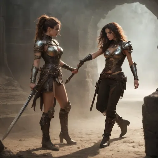 Prompt: Create an image of a (petite body) skinny waist, brave young adult female warrior appropriately holding a magical glowing sword, she is standing in combat pose, long hair , fantasy, digital image,

Wearing random steampunk style armor

Kissing each other, standing in a steampunk background in a random 19th Century year)), wearing a ((Thick heavy iron collar tight around neck)), Random Hair Color, 

Detailed lighting and slight dramatic shadows, atmospheric mood, rich textures, historical undertones, thoughtfully composed, hyper-realistic quality, ultra-detailed 4K imagery.