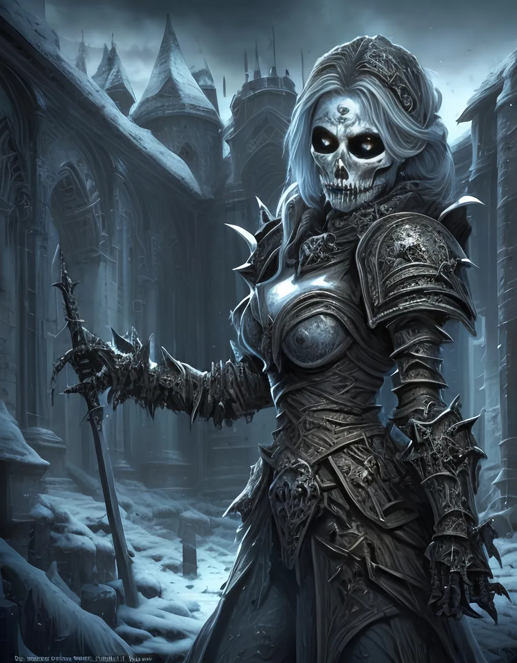 Prompt: Create a highly detailed AI defined image of a highly detailed medieval undead fantasy female death knight character in a fictional fantasy realm.

wide landscape lense, ISO 500, Aperture f/22, APS-C, Splash art, dark fantasy art, stunning bokeh, cinematic lighting and scale, super detailed, 64k, high quality perfect lighting, perfect shadows.