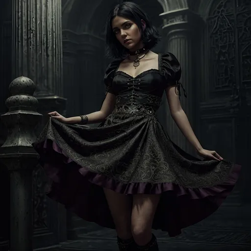 Prompt: In a fantasy realm create a full body image of a woman with a (skinny waist), moderate weight, flat chest, and {{deep purple, medium cut hair}}, wearing highly detailed and intricate silk and satin white and yellow, ultra form hugging blouse and short skirt, ((Thick heavy iron collar around their neck))

(gothic art style), spot light focus on target, moody and atmospheric lighting, cinematic shadows highlighting her features, ultra-detailed, textured backdrop, evocative and intense setting.