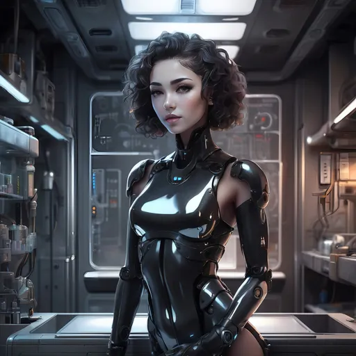 Prompt: (futuristic sci-fi style), scientists lab a full body, Modern 25-year-old ultra petite (very subtle flat chest, feminine body, attractive), (curly wavy hair, random length hair), (soft boyish facial features), full body tattoo, exquisitely small waist, (black steel collar) , Encased in a dully reflective metal or plastic), (frozen in place yet looking perfect), Holding an orb of blue swirling gas, (cool color scheme), (highly detailed), (dynamic contrast between figures), (tense atmosphere), (illustrative techniques).