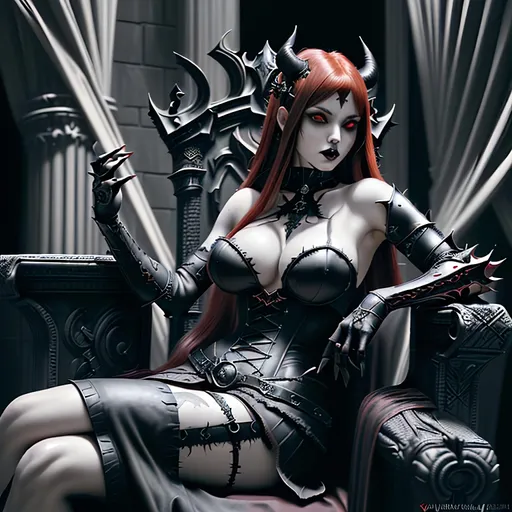 Prompt: sensuous young adult female hell, demon, light armor with ample cleavage ,long red hair with black highlights, black conjunctiva with red iris, gothic style clothes , sitting on a hell throne in a gothic throne style throne room, parted bangs, ethereal, royal vibe, highly detailed, digital painting, Trending on artstation, Big Eyes, artgerm, cinematic 3d volumetric, distorted time lapse, wide landscape mode, ISO 1500, Aperture f/2.5, APS-C, RAW, Splash art, dark fantasy art, stunning bokeh, super detailed, 64k, high quality perfect lighting, perfect shadows.