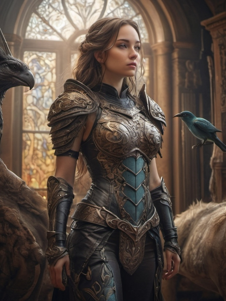 Prompt: A cute young adult woman wearing form fitting SFW leather armor in magical room with mythical animals, birds and art by modern fantasy realm artists. inlay, watercolors and ink, beautiful, fantastic view, extremely detailed, intricate, best quality, highest definition, rich colors. intricate beautiful dynamic lighting award winning fantastic view ultra detailed 4K 3D high definition hdr