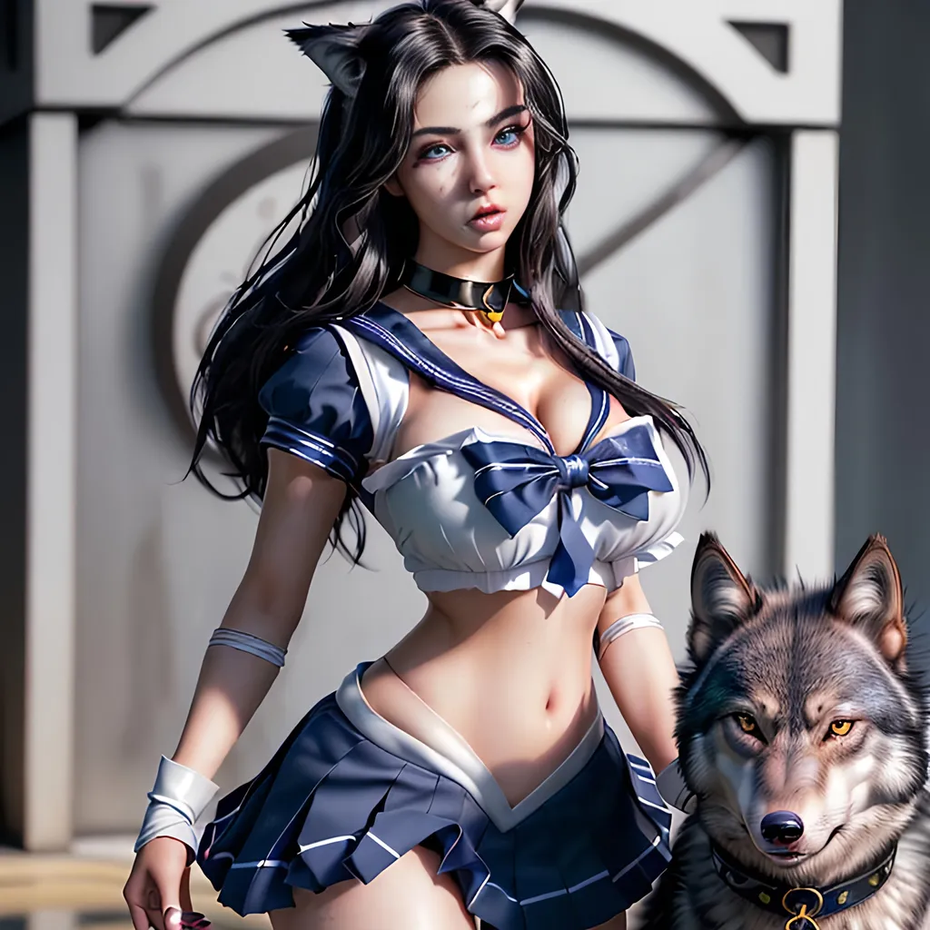 Prompt: Create a ultra photo realistic, splash art image of an exquisitely beautiful, totally realistic young looking adult model, hyper detailed, 4k ultra detailed facial features, school girl makeup, shapeshifter transitioning to a wolf, random hair style, detailed facial features, sumptuous cleavage, perfect body, ultra pale, visible midriff, heavy iron collar. Sailor Moon costume,

Perfect studio lighting, perfect shading, impeccable contrast, HDR, UHD, high res, 64k, cinematic lighting, special effects, hd octaneArtgerm, WLOP, dynamic studio quality lighting hyper-detailed, intricately detailed, Splash art, trending on Artstation, triadic colors, Unreal Engine 5 volumetric lighting, unreal engine, octane render.