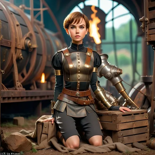 Prompt: (Steam punk style), Highly detailed background is an ancient Roman military camp kneeling on a supply crate is a 25-year-old ((full body)) ultra petite feminine persons, short bob cut hair, (light brown hair), (adult facial features similar to Nicole Kidman and Gal Gadot), exquisitely small waist, (black steel collar), wearing an ultra slim ancient Roman military uniform, no top. cool color tones creating a cold and dark atmosphere, (ultra-detailed, HD) quality.