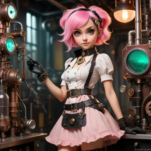 Prompt: (Steam punk style), In a mad scientists lab, high-tech instruments and glowing screens, a 25-year-old (full body) of an ultra petite person), random length hair, random color hair, (soft adult feminine facial features), exquisitely small waist, (black steel collar), wearing a steampunk style (ultra kawaii cute frilly pink petticoat dress) and a black leather utility belt, warm color tones creating a cozy atmosphere, (ultra-detailed, HD) quality.