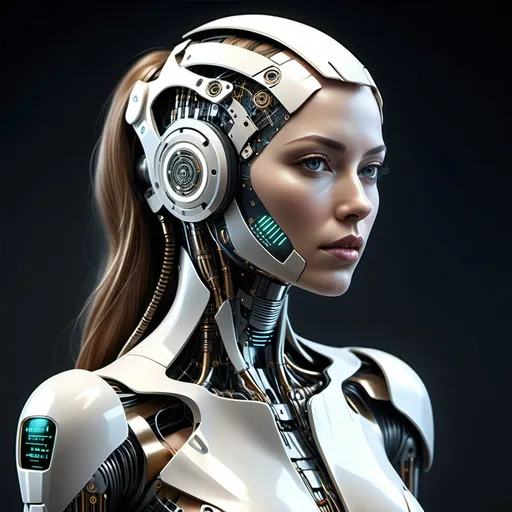 Prompt: Generate a full-body image showcasing a mechanical fully cybernetic woman, (((The woman's countenance is concealed behind a featureless faceplate, devoid of any facial elements such as a mouth, eyes, nose, eyebrows, or other defining features, rendering her appearance enigmatic and artificial))).

She stands as a pinnacle of cybernetic artistry, her upper torso shielded by detailed obsidian armor that exudes strength and elegance. The stark contrast between the glossy obsidian and radiant golden accents creates a visually captivating tableau, highlighting the fusion of cutting-edge technology with aesthetic finesse.