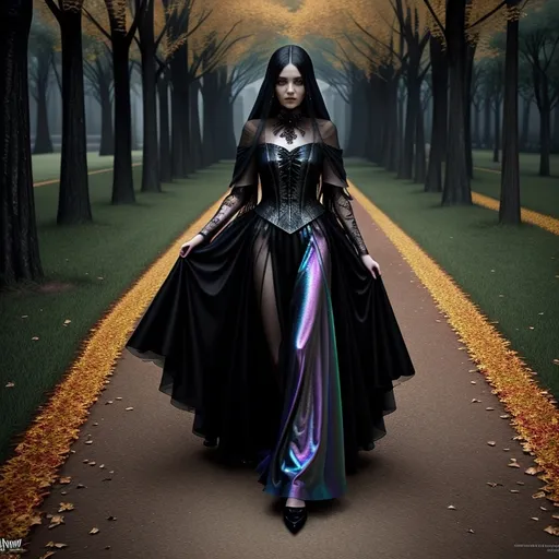 Prompt: Craft an intricate close-up portrait of an ethereal Gothic Queen Wraith, beautifully haunting and otherworldly, as she glides gracefully down a dimly lit dirt path. Flanked by white picket fences, she driving a 2012 convertible Mini Cooper. Capture her full body in the center of the composition, adorned in flowing, darkly elegant garments that shimmer with iridescent hues. The setting should evoke a rich, dark fantasy atmosphere, enhanced by cinematic, dramatic lighting that highlights sharp details of her metallic accessories and opulent attire. Aim for hyper-realism with ultra studio lighting that creates mesmerizing contrasts of shade and shadow, making every element pop with clarity. The background should be a vivid tapestry of color, hinting at the magical transitions of All Hallows' Eve—think swirling mists, glowing lanterns, and vivid autumn leaves. This concept art should feel emotive and dynamically alive, imbuing a story of enchantment and eeriness, with textures rendered in stunning 64k HDR via Unreal Engine. Strive for an animated yet still composition that trends on art platforms like ArtStation, while ensuring exquisite detail in every aspect.