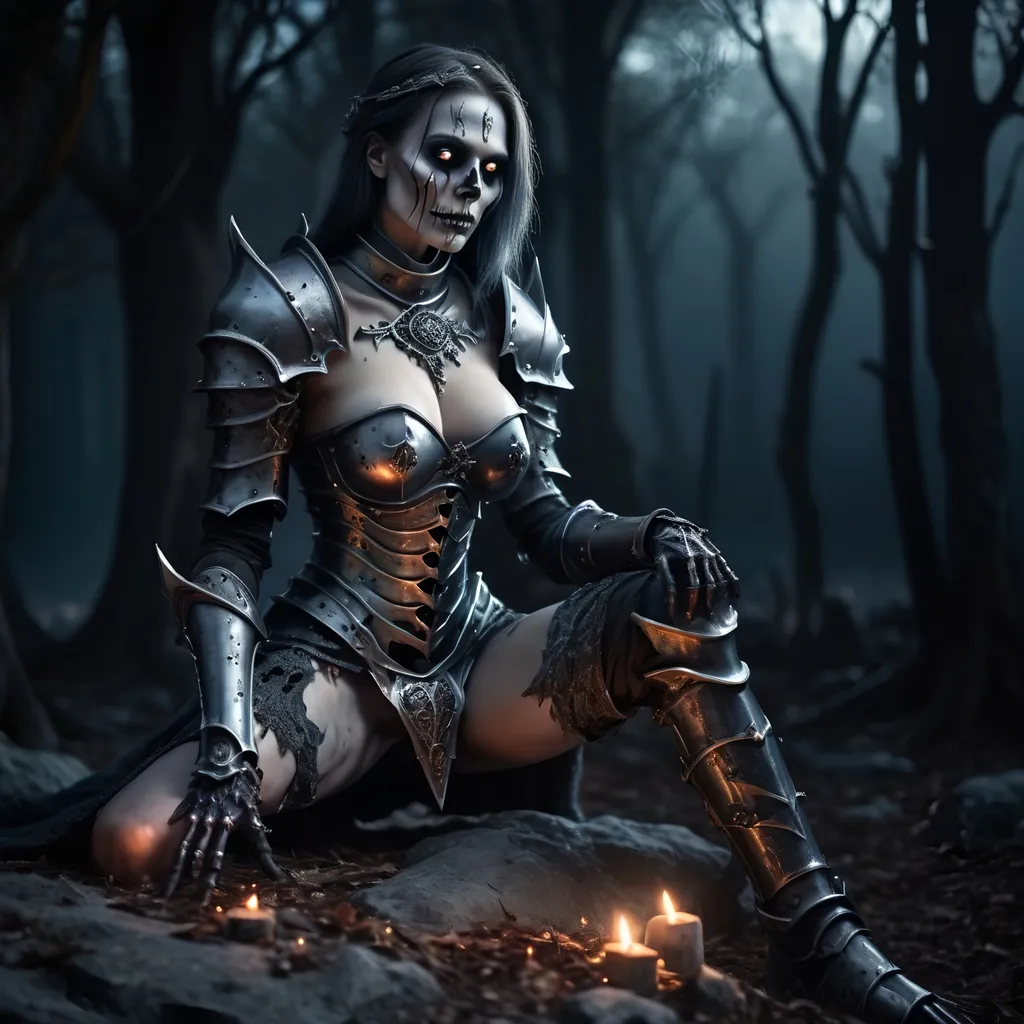 Prompt: Create a highly detailed AI defined image of a highly detailed medieval undead fantasy female death knight character in a fictional fantasy realm.

wide landscape lense, ISO 500, Aperture f/22, APS-C, Splash art, dark fantasy art, stunning bokeh, cinematic lighting and scale, super detailed, 64k, high quality perfect lighting, perfect shadows.