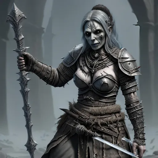 Prompt: Create a highly detailed AI defined image of a highly detailed medieval undead fantasy woman warrior character in a fictional fantasy realm killing an orc.