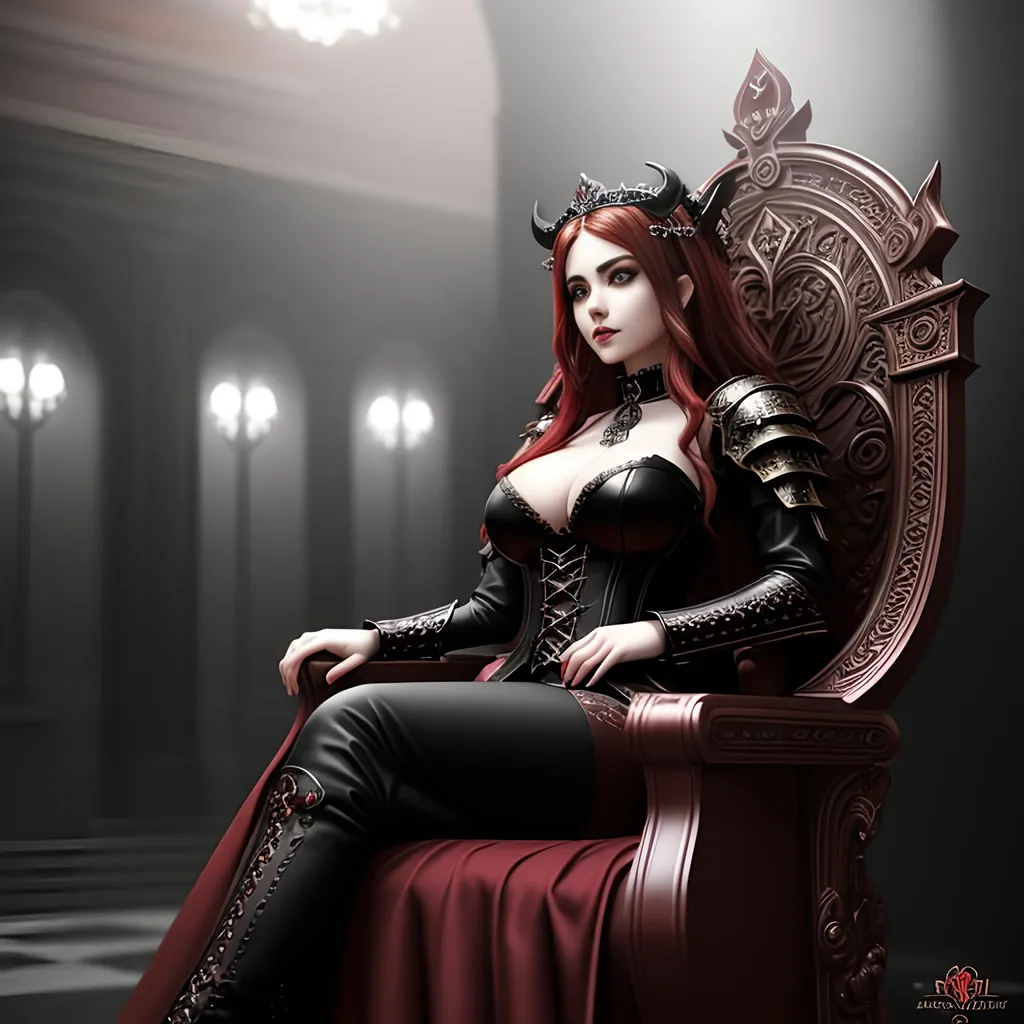 Prompt: sensuous young adult female hell, demon, light armor with ample cleavage ,long wavy red hair with black highlights, black conjunctiva with red iris, gothic style clothes , sitting on a hell throne in a gothic throne style throne room, ethereal, royal vibe, highly detailed, digital painting, Trending on artstation, Big Eyes, artgerm, cinematic 3d volumetric, distorted time lapse, wide landscape mode, ISO 1500, Aperture f/2.5, APS-C, RAW, Splash art, dark fantasy art, stunning bokeh, super detailed, 64k, high quality perfect lighting, perfect shadows.