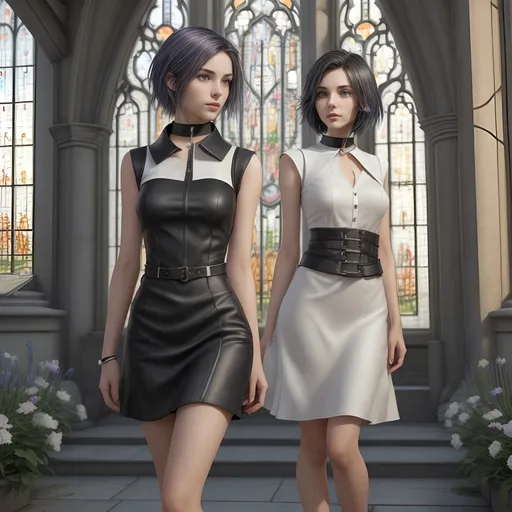 Prompt: Full body, Modern 25-year-old ultra petite woman, attractive), (random color hair, random ultra short natural hair), ((soft ultra petite feminine features)), (soft boyish facial features), exquisitely small waist, wearing a tight summer dress with floral imprints, (black steel collar), (standing outside a country chapel)

Dramatic contrasts of light and shadow,  (highly detailed), (HD), evoking a blend of elegance and technology.