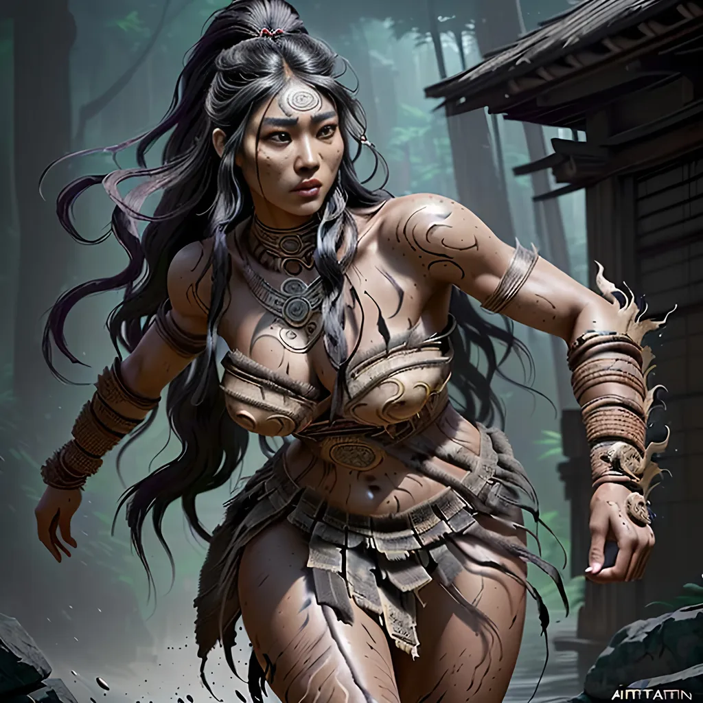 Prompt: Ultimate ancient full body Amazon warrior, Photo-realistic image, young adult beautiful Asian woman, extremely detailed facial features, heavy makeup, long wavy random color hair, old torn slave dress, being sold at auction,

Photo Realistic, RAW, artstation, splash style of dark fractal paint, contour, hyper detailed, intricately detailed, unreal engine, fantastical, intricate detail, steam screen, complementary colors, fantasy concept art, 8k resolution, deviantart masterpiece, splash arts, ultra details Ultra realistic, hi res, UHD, 64k, 3D rendering