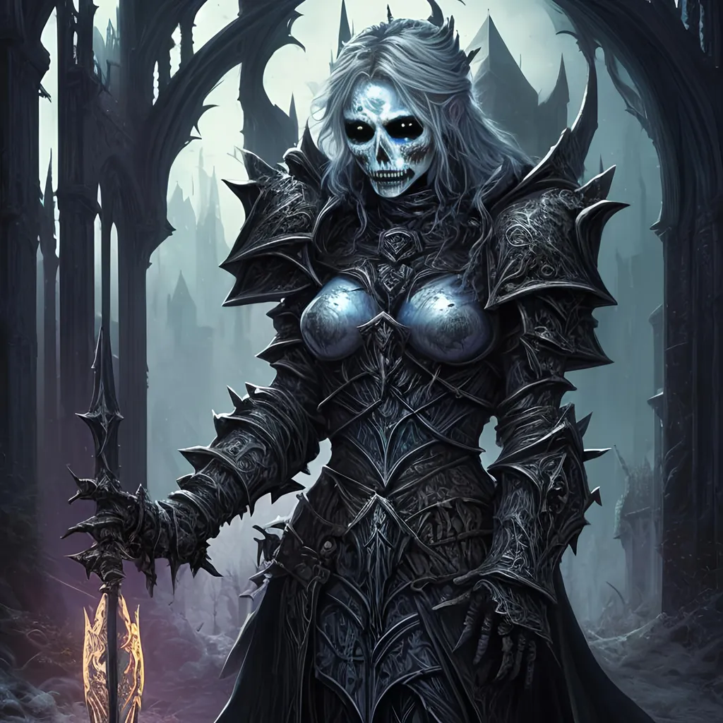 Prompt: Create a highly detailed AI defined image of a highly detailed medieval undead fantasy female death knight character in a fictional fantasy realm.

wide landscape lense, ISO 500, Aperture f/22, APS-C, Splash art, dark fantasy art, stunning bokeh, cinematic lighting and scale, super detailed, 64k, high quality perfect lighting, perfect shadows.