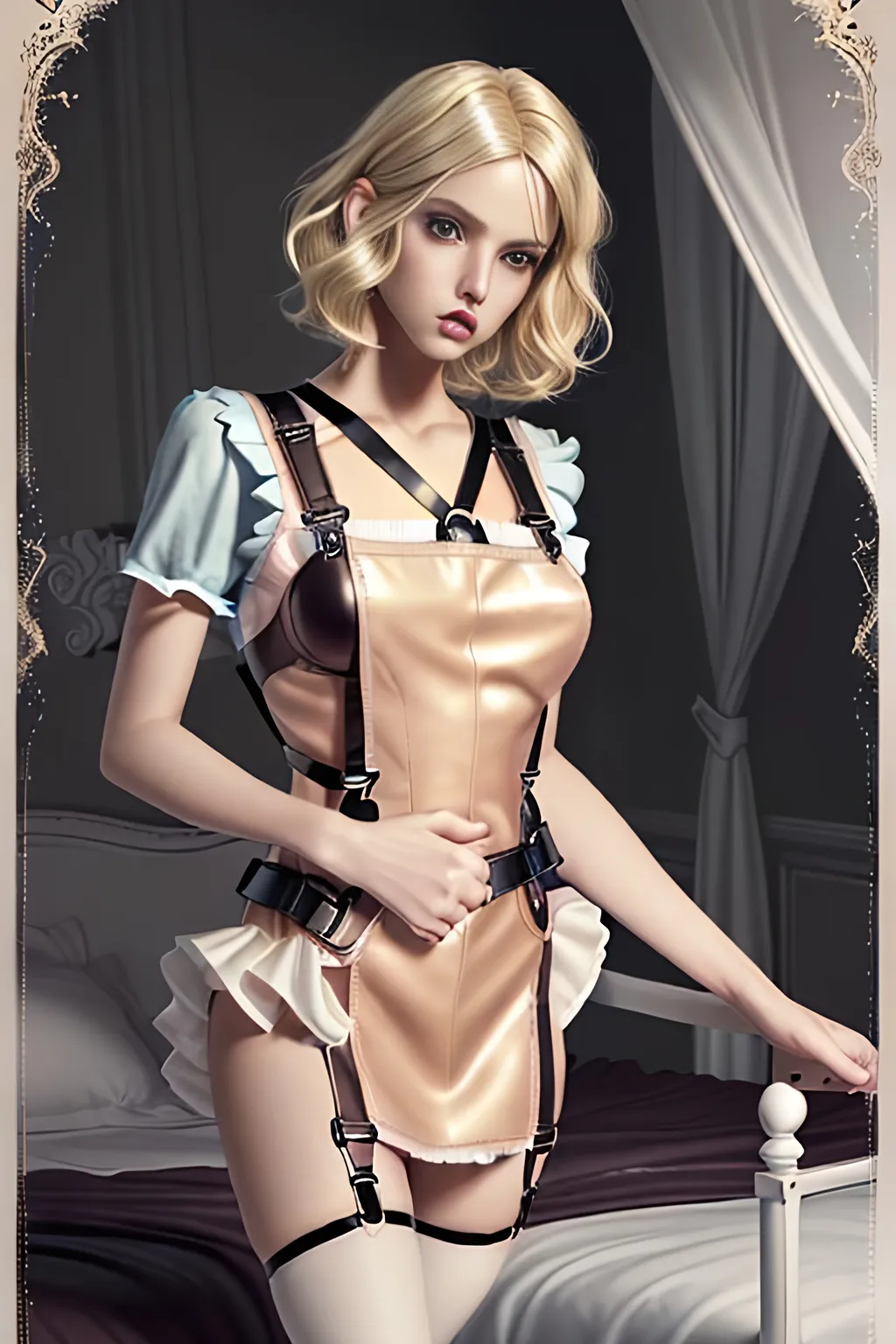 Prompt: Inimage, Ultimate modern glamorous girly bed room, Photo-realistic image, young adult AI Defined pinafore ultra cute feminine (sissy) male body, light feminine makeup, very large highly detailed secure dark leather full body harness, wavy short bob, blonde color hair, extremely skinny slim waist, Photo Realistic, RAW, artstation, splash style of dark fractal paint, contour, hyper detailed, intricately detailed, unreal engine, fantastical, intricate detail, steam screen, complementary colors, fantasy concept art, 8k resolution, deviantart masterpiece, splash arts, ultra details Ultra realistic, hi res, UHD, 64k, 3D rendering