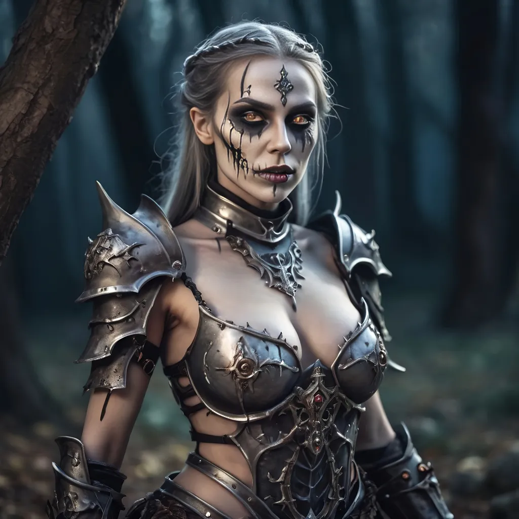 Prompt: Create a highly detailed AI defined image of a highly detailed medieval undead fantasy female death knight character in a fictional fantasy realm.

wide landscape lense, ISO 500, Aperture f/22, APS-C, Splash art, dark fantasy art, stunning bokeh, cinematic lighting and scale, super detailed, 64k, high quality perfect lighting, perfect shadows.