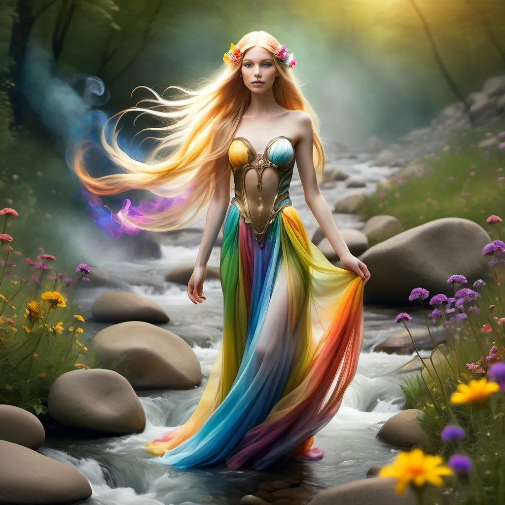 Prompt: inimage, create a photo-realistic image of a gorgeous slender faerie princess, with Knee length flowing noble gown, extra long flowing golden colored hair, made of multi-colored smoke. Standing in a meadow filled with flowers, next to a bubbling stream rushing over multi-colored river stones. Body surrounded by swirling multicolored Wisps of smoke billowing from a jewel on the noble belt wrapped tightly around her slender waist. Dense multi-colored smoke and fog filling the air. illuminated by soft, warm lighting that enhances textures in her clothing and height differences. Capture the realistic, enchanted atmosphere of a natural setting without shifting any character traits, focusing on lifelike textures, vivid colors, and sharp contrasts, UHD, 8k, zoom out, smooth, sharp focus, unreal engine 5, in studio lighting. In the style of a Romantic Fantasy Realm.