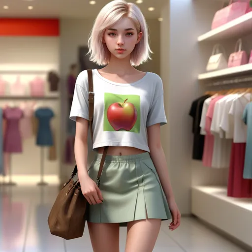 Prompt: (ultra realistic digital art), 20 year old petite feminine male, wearing loose short t-shirt and short skirt, exposed braziere strap purse over the shoulder), ((ultra soft petite gorgeous feminine facial features, no adam's apple)), shoulder length attractive random color hair, in the women's section of a department shopping for women's clothes.