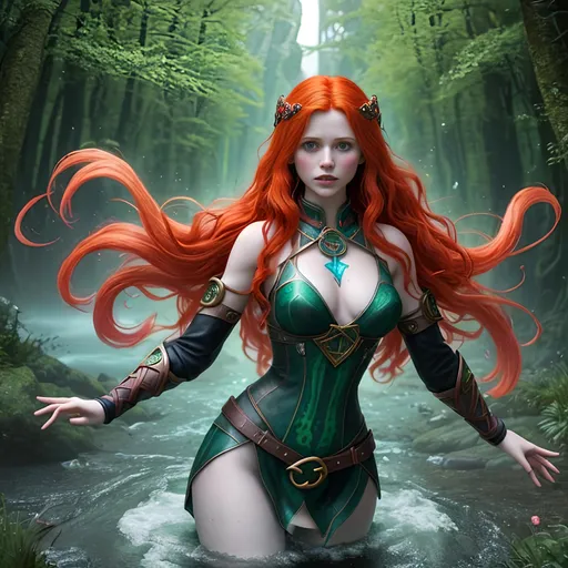 Prompt: Image of a mythical gorgeous young adult redhead sorceress with random styled hair, perfectly cute face, full luscious lips, exquisite body composition, eyelids tightly sewn shut,

summoning wild magic with swirling 3D Celtic rune symbols and 3D colorful spells, surrounded by the magical weaves,

Image taken with a wide landscape lense, Splash art, trending on artstation, dark fantasy art, hyper realistic, super detailed, 8k, high quality, trending art, trending on artstation, sharp focus, studio photo, perfect lighting and shadows.
