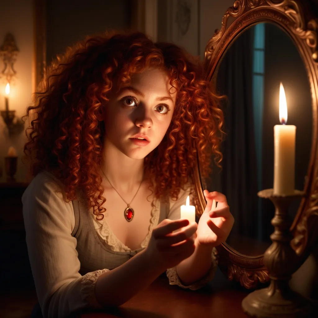 Prompt: Wide angle, photo realistic image of a dimly lit room, a small, round, ornate mirror reflects the soft glow of candlelight. The young adult woman, with wild red curls and determined eyes, sits before it, her heart racing with excitement. She takes a deep breath, then places her hand on the cool surface of the mirror. She extends her hand over the edge of the mirror, Her arm is now on the other side.

On the other side, she finds herself in a surreal world, where colors are more vivid and gravity feels lighter. The landscape shifts and dances around her, revealing enchanted forests and whimsical creatures.

What adventures await her in this mirror realm? What challenges will she face, and what truths will she uncover about herself as she explores this magical reflection of her innermost dreams?