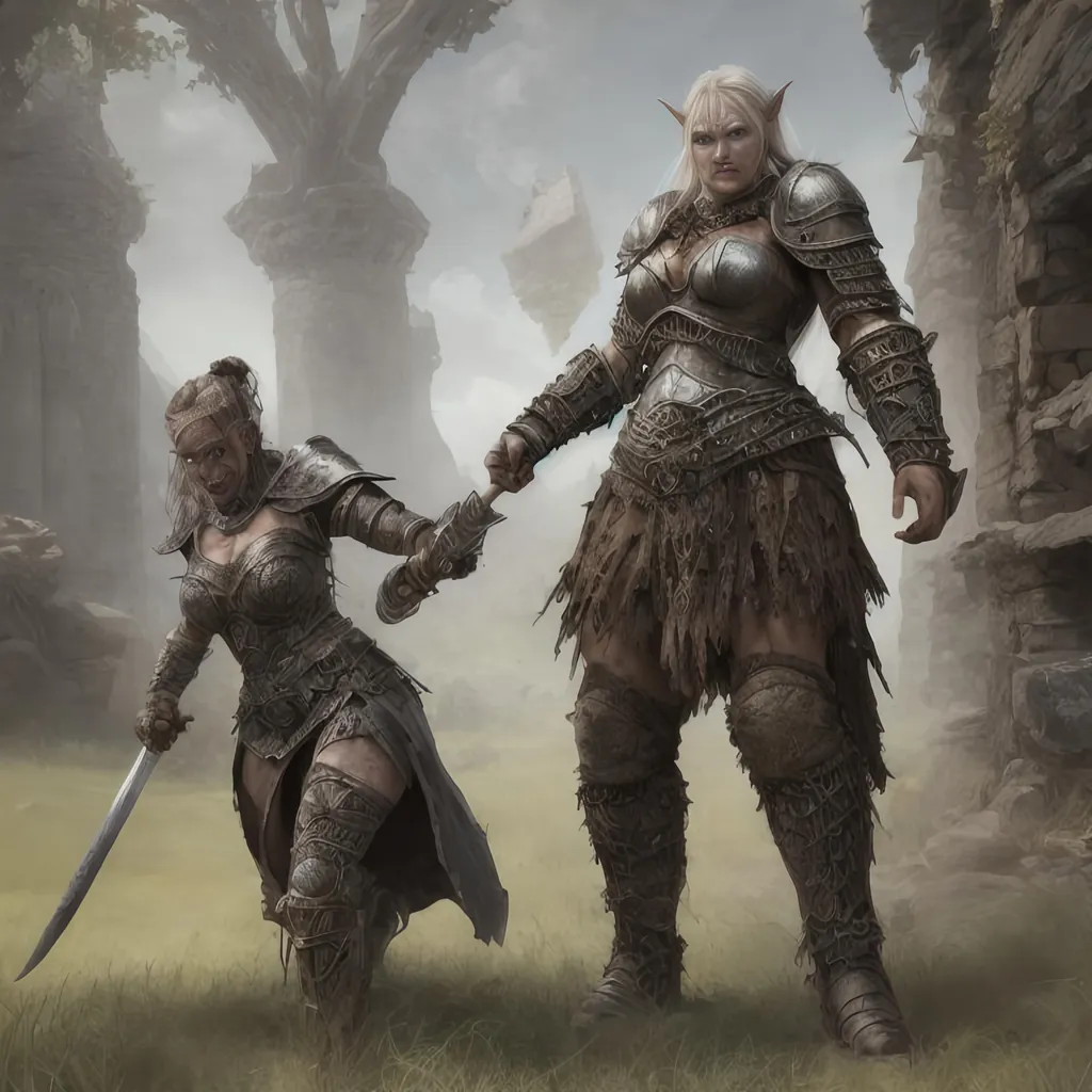 Prompt: Create a highly detailed AI defined image of a fantasy realm medieval woman warrior battling an orc.