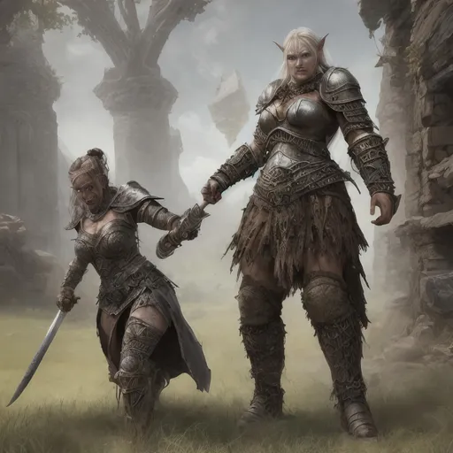 Prompt: Create a highly detailed AI defined image of a fantasy realm medieval woman warrior battling an orc.