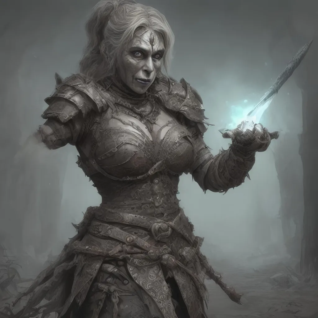 Prompt: Create a highly detailed AI defined image of a highly detailed medieval undead fantasy woman warrior character in a fictional fantasy realm killing an orc.