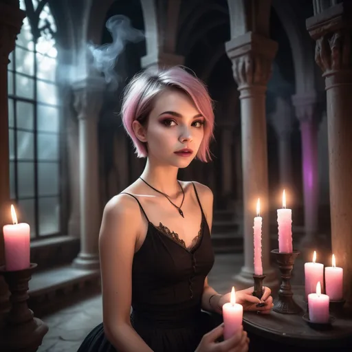 Prompt: Modern 25-year-old ultra petite woman, attractive), (short cut length hair), (soft feminine makeup), (soft feminine facial features), (slightly pink glowing skin). wearing a loose top and short skirt.

Conjuring magic and casting a spell on a man in a gothic temple lair, a multi colored mist filling the room, room filled with burning candles, holding a magical orb in outstretched hands.