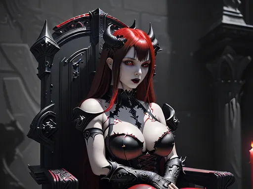 Prompt: sensuous young adult female hell, demon, light armor with ample cleavage ,long red hair with black highlights, black conjunctiva with red iris, gothic style clothes , sitting on a hell throne, parted bangs, ethereal, royal vibe, highly detailed, digital painting, Trending on artstation, Big Eyes, artgerm, cinematic 3d volumetric, distorted time lapse, wide landscape mode, ISO 1500, Aperture f/2.5, APS-C, RAW, Splash art, dark fantasy art, stunning bokeh, super detailed, 64k, high quality perfect lighting, perfect shadows.