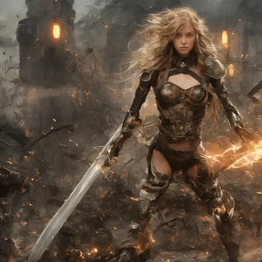 Prompt: Create an image of a young adult woman (petite body) skinny waist, (brave female warrior holding a magical glowing sword), standing in fighting stance, random steampunk background in a random 19th Century year)), wearing a ((Thick heavy iron collar tight around neck)), Random Hair Color, 

Detailed lighting and slight dramatic shadows, atmospheric mood, rich textures, historical undertones, thoughtfully composed, hyper-realistic quality, ultra-detailed 4K imagery.