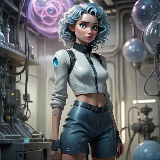 Prompt: (futuristic sci-fi style), scientists lab a full body, Modern 25-year-old ultra petite (very subtle slim feminine body, attractive), (curly wavy hair, random length hair), (soft boyish facial features), full body tattoo, exquisitely small waist, (black steel collar) , The walls are a bright white material, a dully reflective metal or plastic. her face locked in rictus of fear), (frozen in place yet looking perfect), Holding an orb of blue swirling gas, (cool color scheme), (highly detailed), (dynamic contrast between figures), (tense atmosphere), (illustrative techniques).