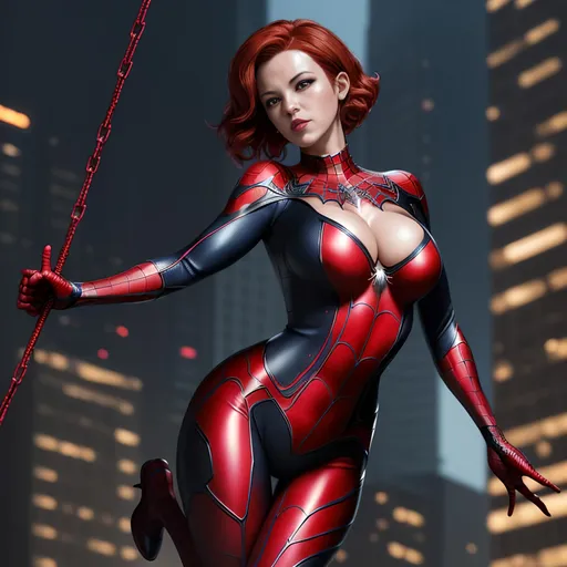Prompt: Create a highly detailed AI defined image of a highly detailed beautifully stunning ultra cute adult finely detailed fantasy American woman, massive cleavage, short red hair, wearing an alluring enticing skin tight Amazing Spider Man costume, swinging in a city in spider man pose,

Award winning high gloss magazine image, cinematic lighting and scale, super detailed, 64k, high quality perfect lighting,